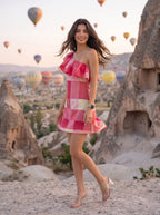 Pink Colorblock One-Shoulder Ruffle Mini Dress - Walking full length