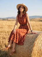 Rustic Ember – Pure Cotton Ikat Printed Midi Dress