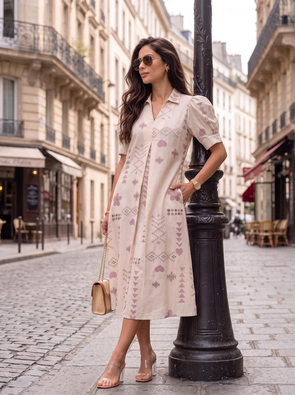 Cream Dusty Rose Aztec Geometric Print Collared Puff Sleeve Midi Dress - Walking full length front on Paris street