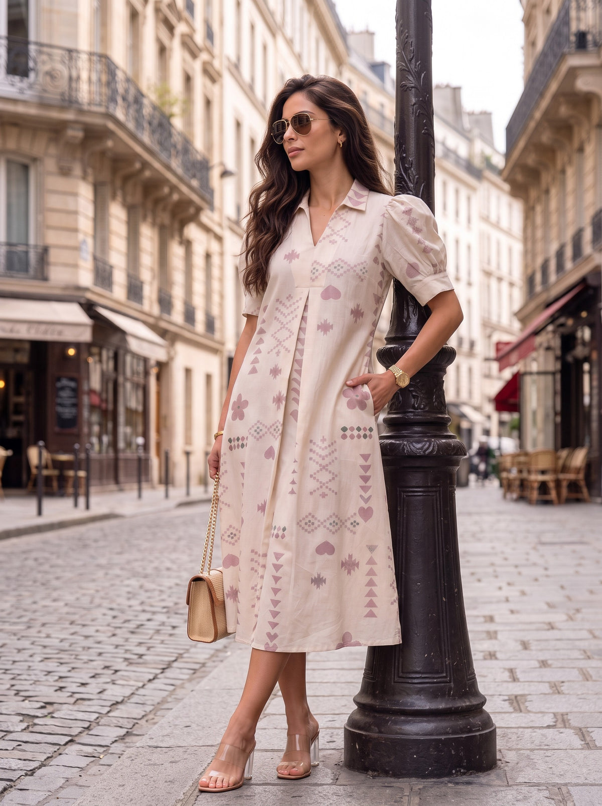 Cream Dusty Rose Aztec Geometric Print Collared Puff Sleeve Midi Dress - Walking full length front on Paris street