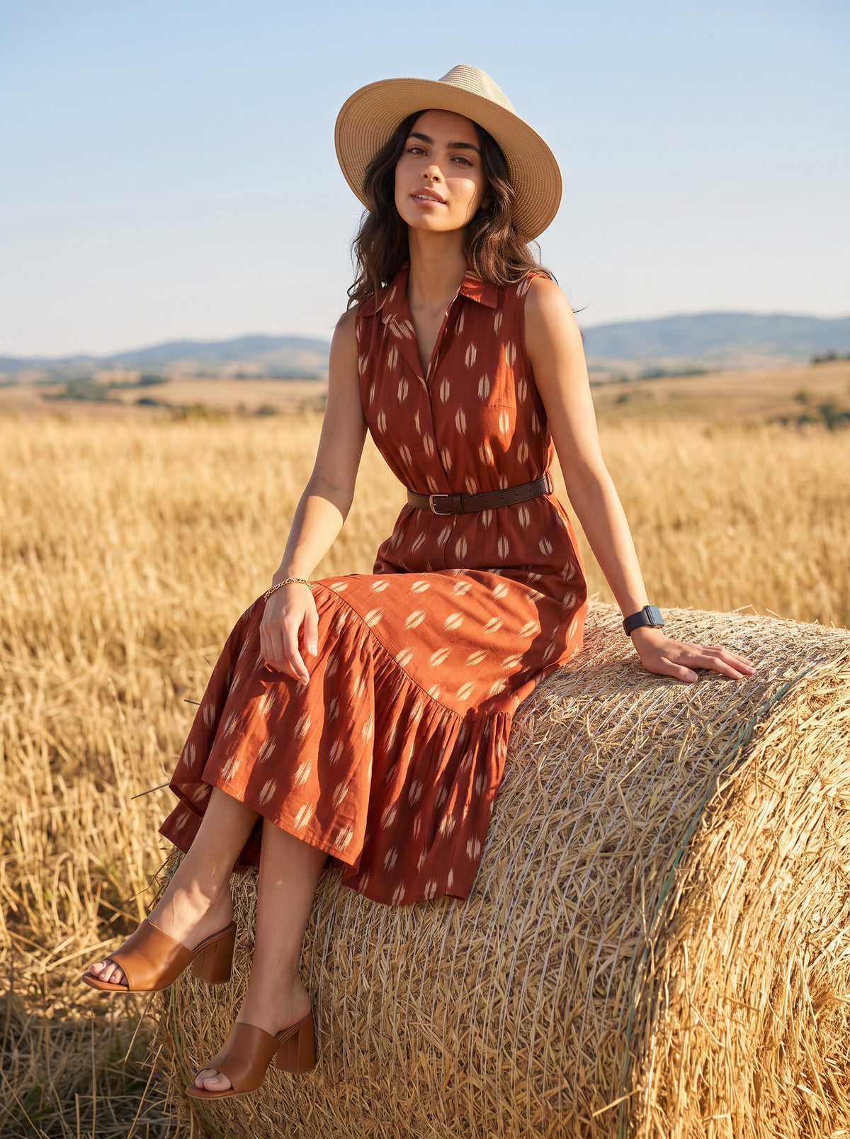 Rust Ikat Oval Print Sleeveless Belted Midi Dress - Back view at fence