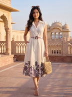 Ivory Mughal Floral Border Belted Midi Dress - Seated on palace terrace