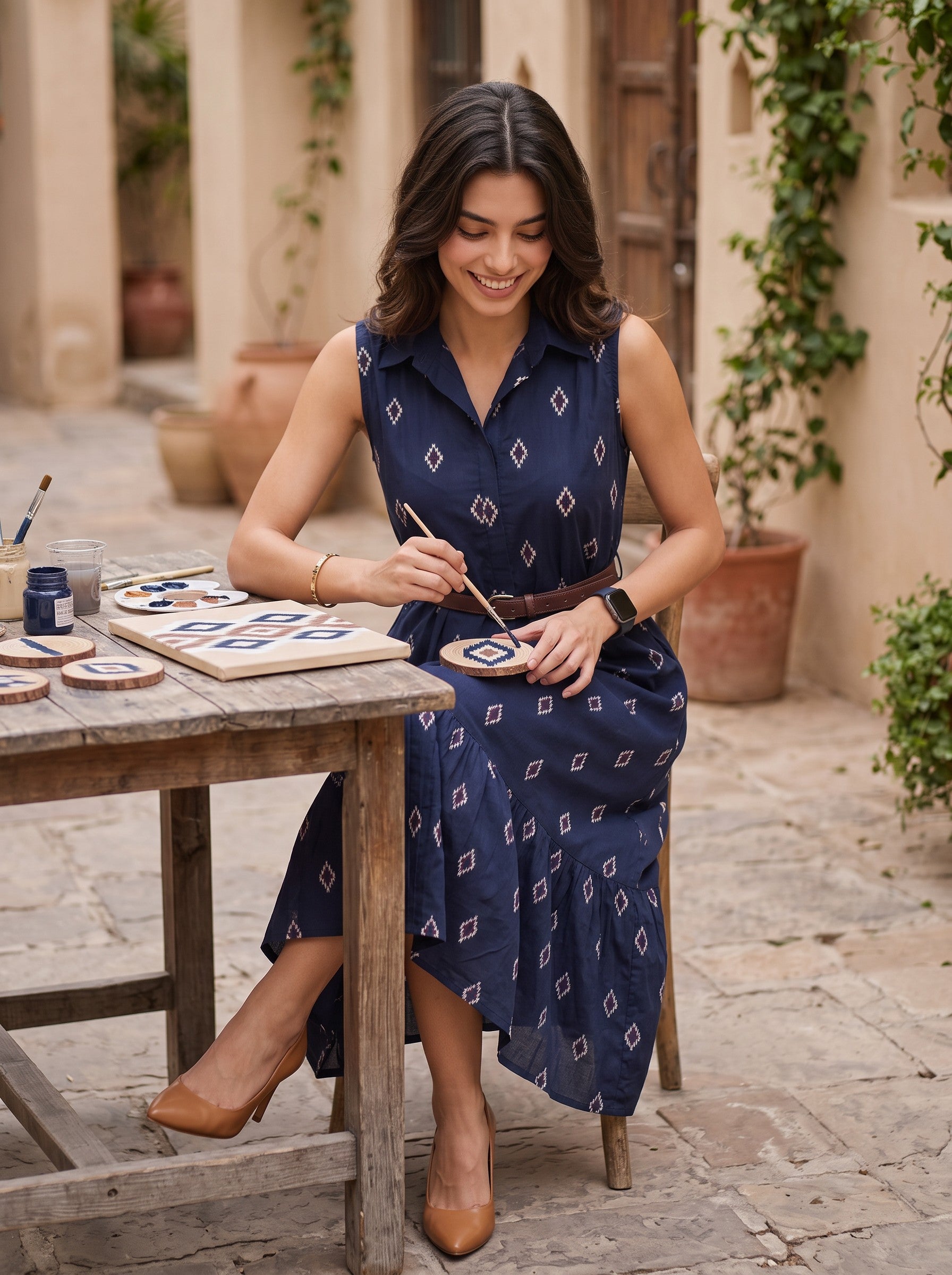 Midnight Grace – Pure Cotton Ikat Printed Midi Dress