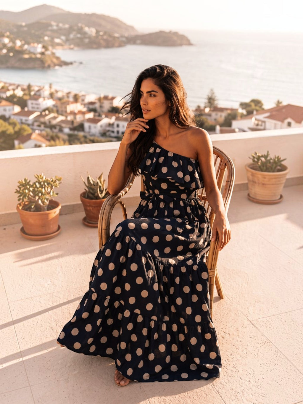 One-Shoulder Polka Dot Maxi Dress Navy Blue - Front with pocket