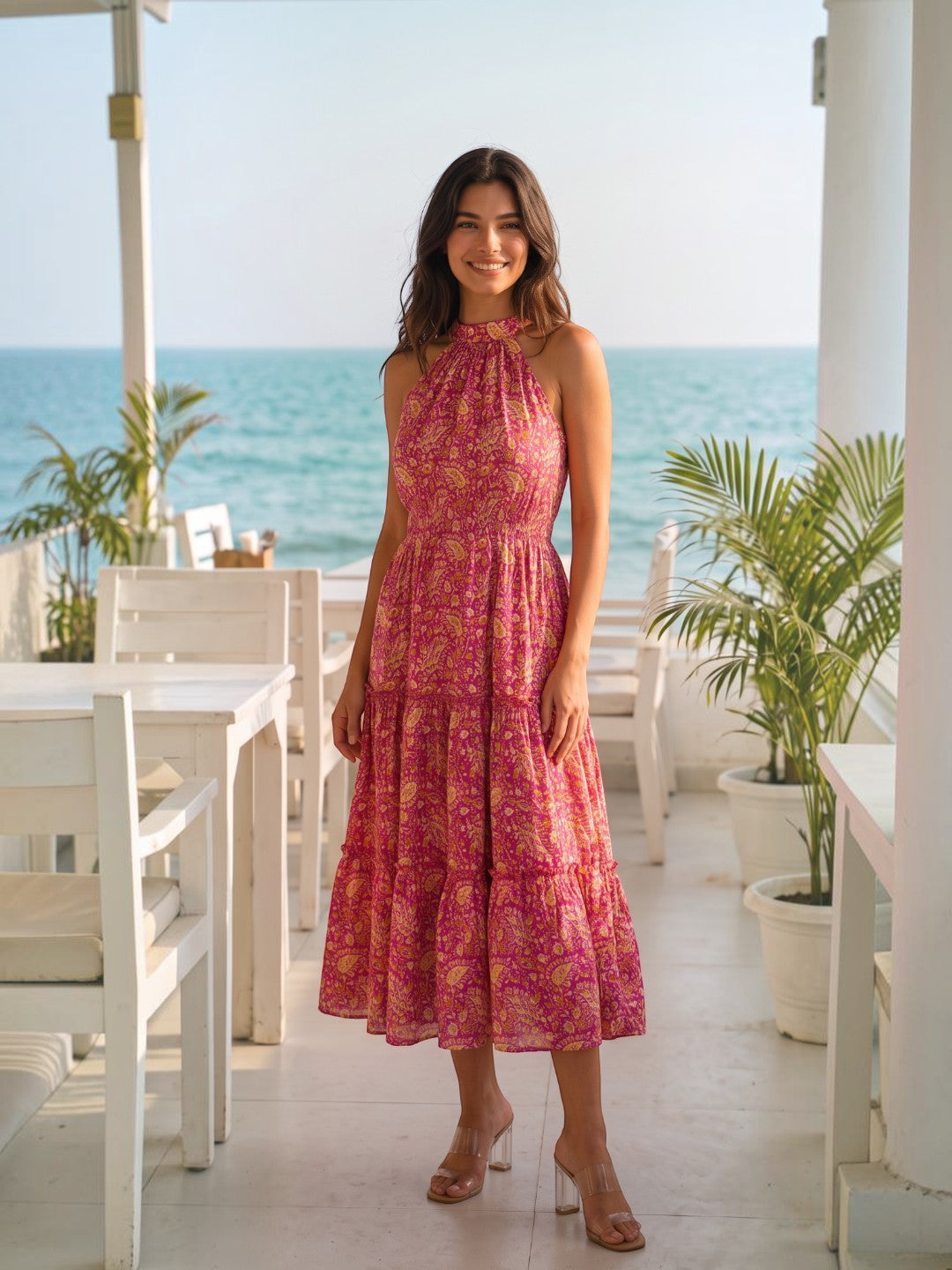 Magenta Muse Paisley Halter Neck Tiered Maxi Dress