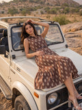 Brown Ikat Print Sleeveless Belted Midi Dress - Front full length