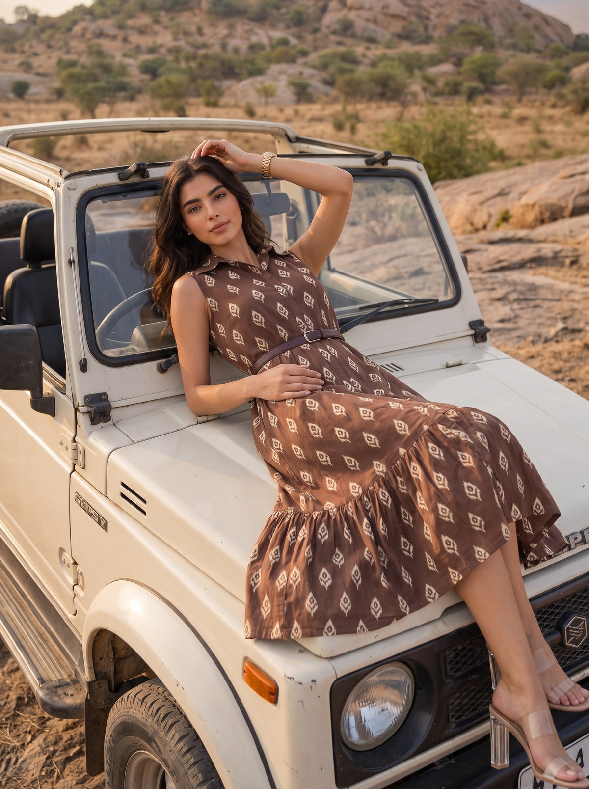 Brown Ikat Print Sleeveless Belted Midi Dress - Front full length