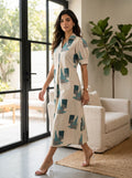 Ivory & Teal Printed Midi Dress