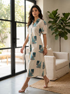 Ivory & Teal Printed Midi Dress