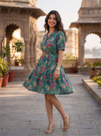 Emerald Blossom – Pure Cotton Floral Printed Mini Dress