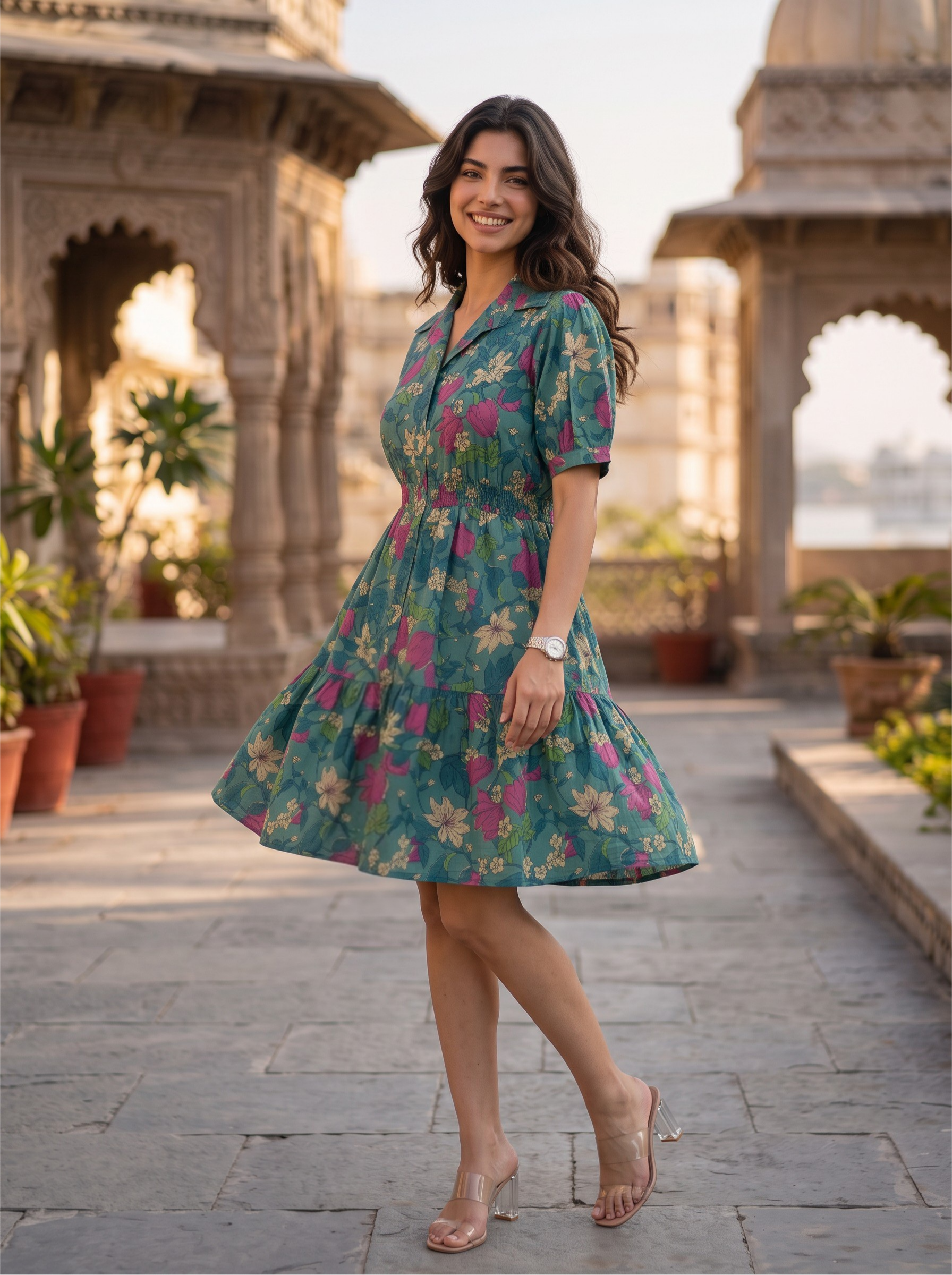 Emerald Blossom – Pure Cotton Floral Printed Mini Dress