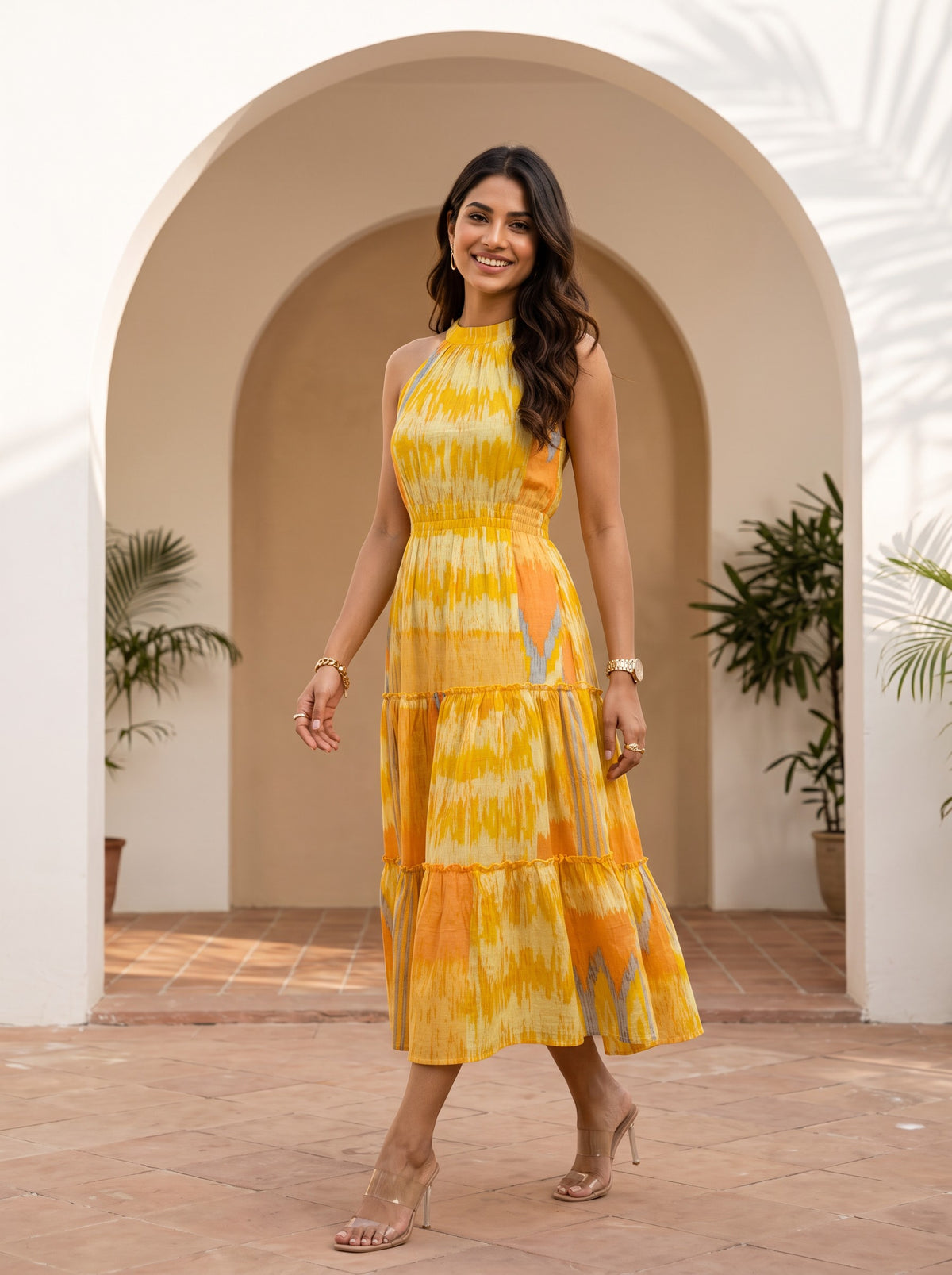 Solara Ikat | Halter Tiered Midi Dress