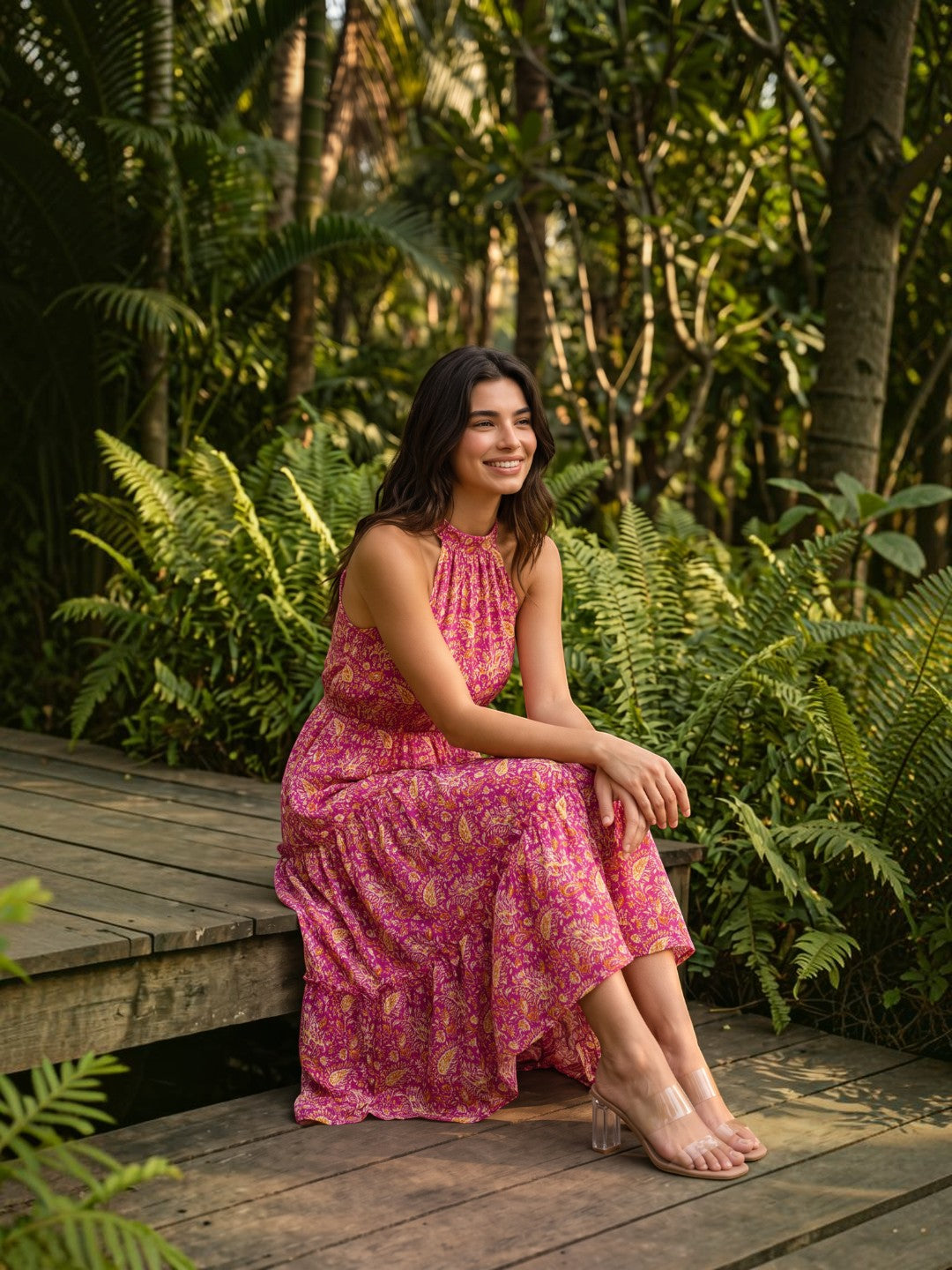 Magenta Muse Paisley Halter Neck Tiered Maxi Dress