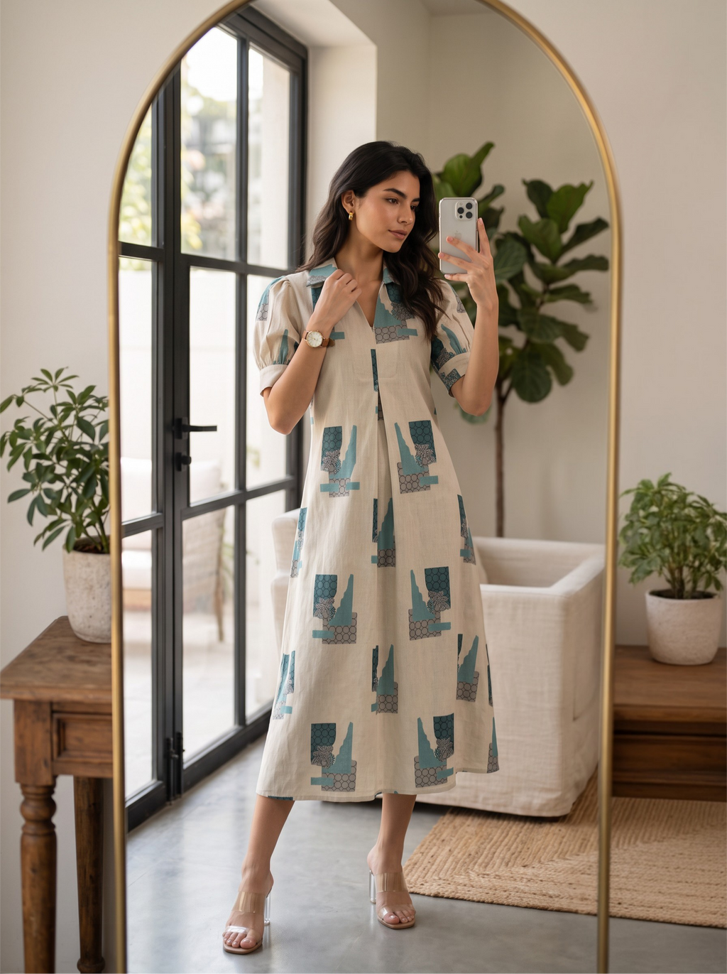 Ivory & Teal Printed Midi Dress