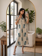 Ivory & Teal Printed Midi Dress