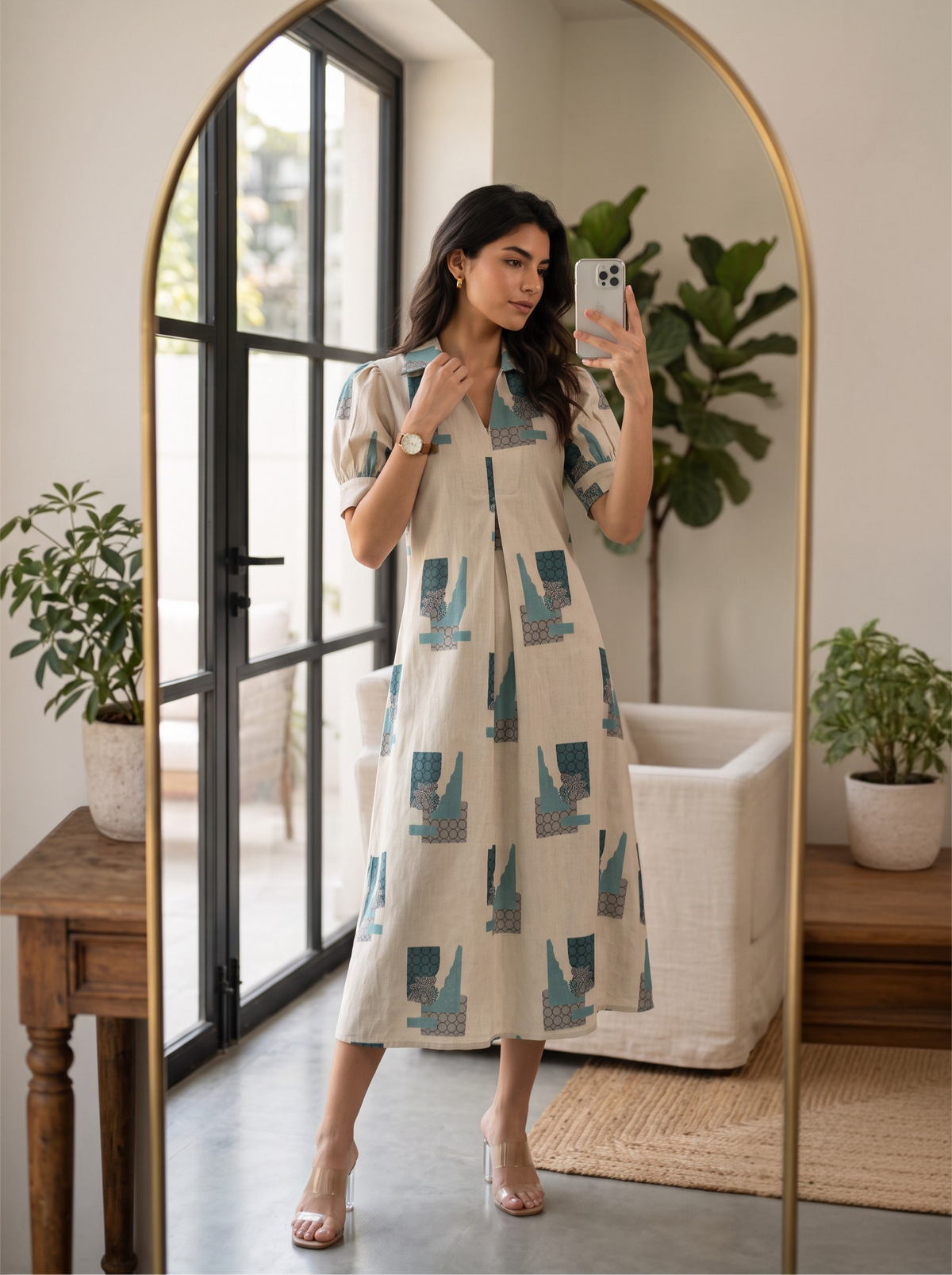 Ivory & Teal Printed Midi Dress