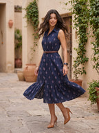 Midnight Grace – Pure Cotton Ikat Printed Midi Dress