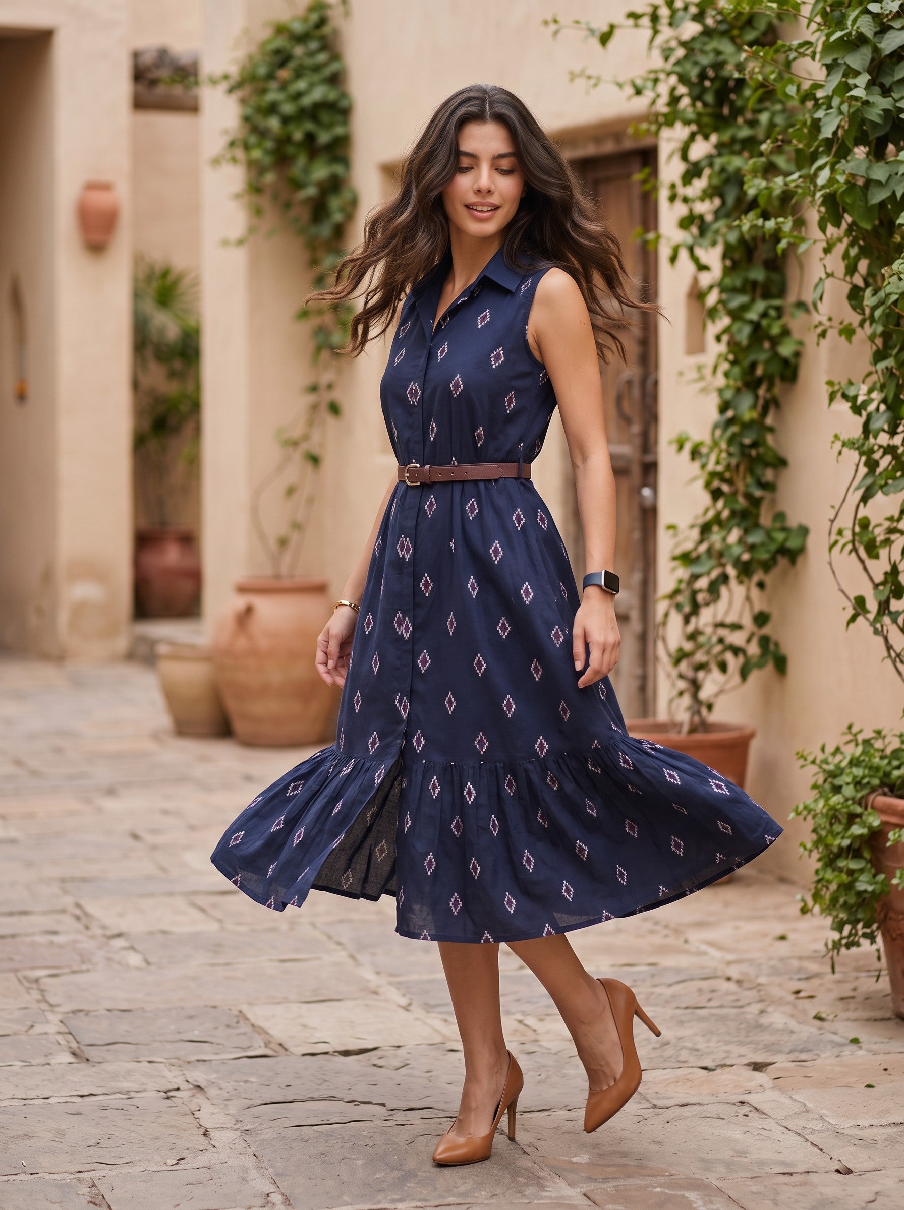 Midnight Grace – Pure Cotton Ikat Printed Midi Dress