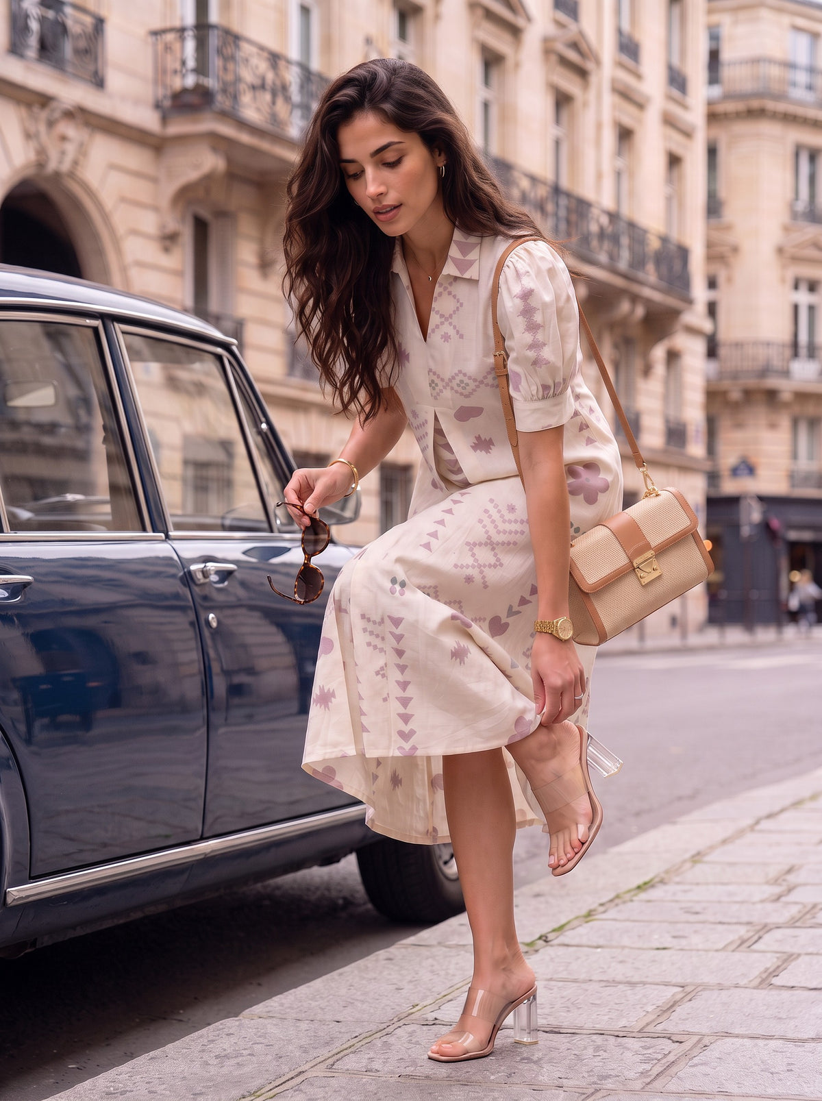 Cream Dusty Rose Aztec Geometric Print Collared Puff Sleeve Midi Dress - Leaning on Paris lamp post