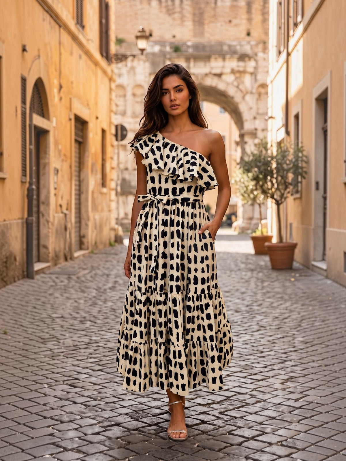 Onyx Cascade One-Shoulder | Maxi Dress