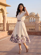Ivory Mughal Floral Border Belted Midi Dress - Standing full length smiling
