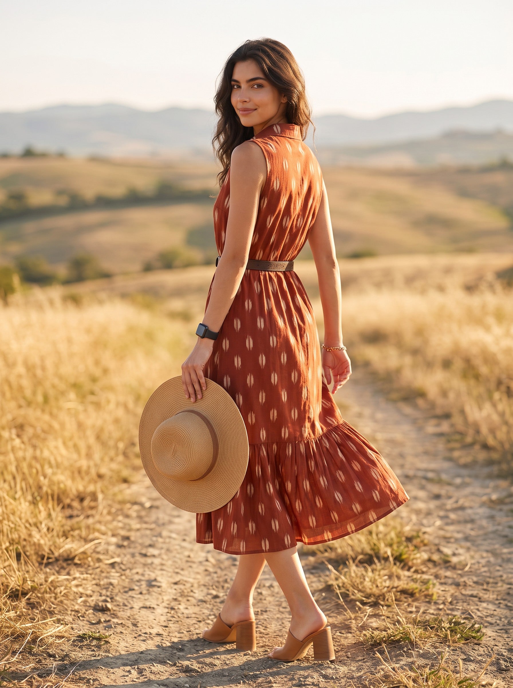 Rustic Ember – Pure Cotton Ikat Printed Midi Dress