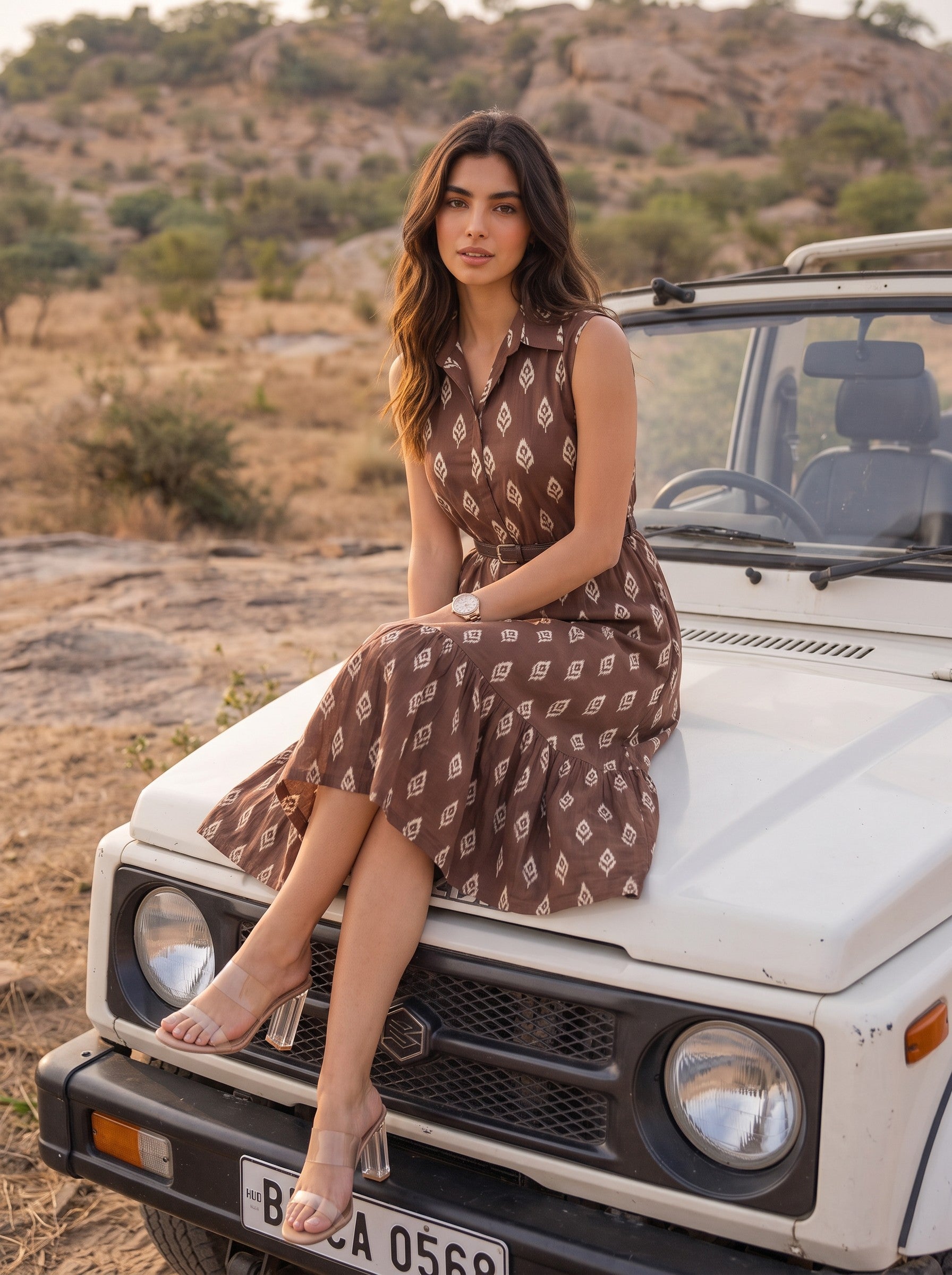Women's Pure Cotton Brown Printed Sleeveless Midi Dress with Belt | Casual Summer Wear