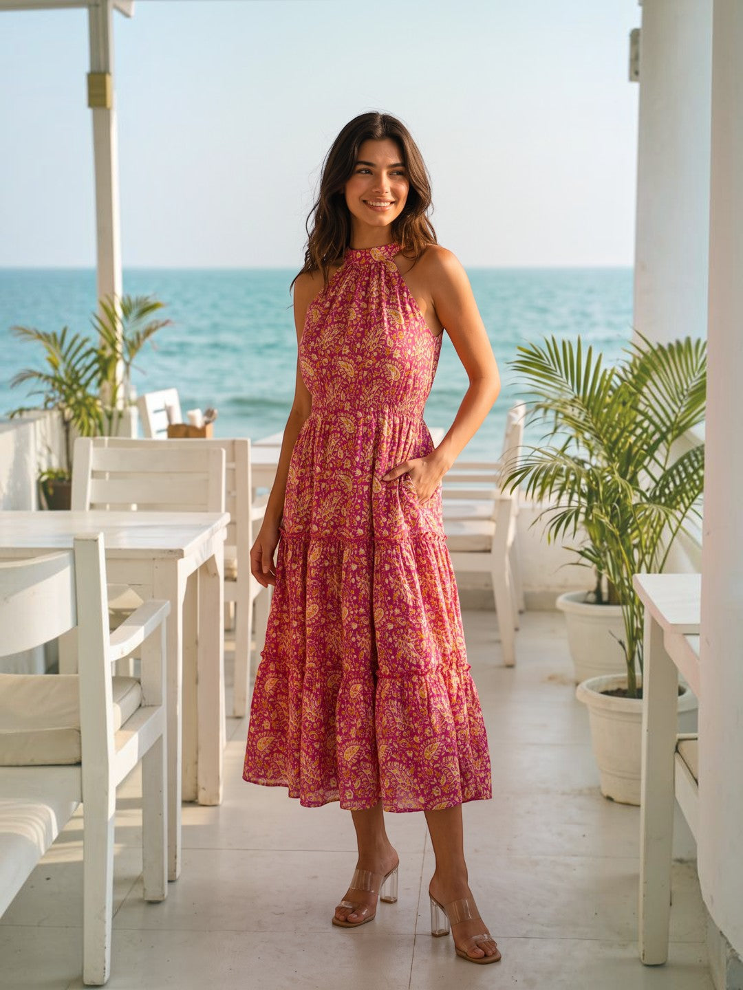 Magenta Muse Paisley Halter Neck Tiered Maxi Dress