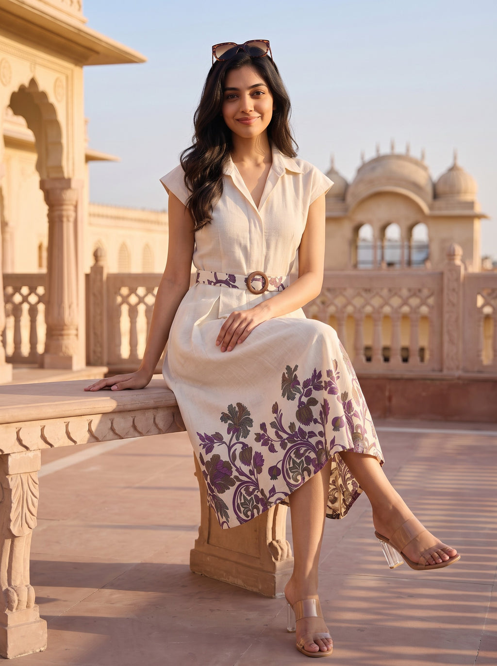 Ivory Mughal Floral Border Belted Midi Dress - Twirling on terrace