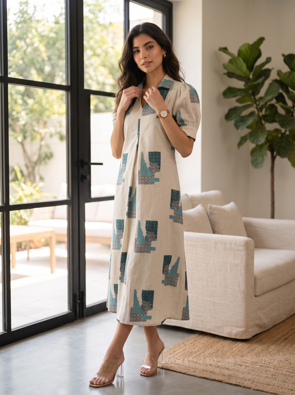 Ivory & Teal Printed Midi Dress