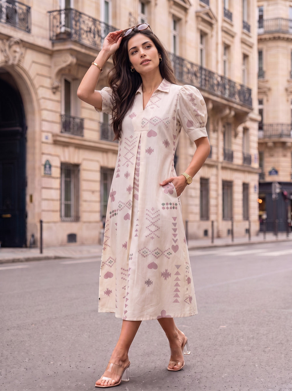 Cream Dusty Rose Aztec Geometric Print Collared Puff Sleeve Midi Dress - Standing at Provence café with iced coffee