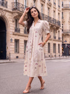 Cream Dusty Rose Aztec Geometric Print Collared Puff Sleeve Midi Dress - Standing at Provence café with iced coffee