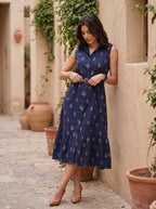 Midnight Grace – Pure Cotton Ikat Printed Midi Dress