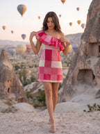 Pink Colorblock One-Shoulder Ruffle Mini Dress - Adjusting ruffle walking