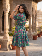 Emerald Blossom – Pure Cotton Floral Printed Mini Dress