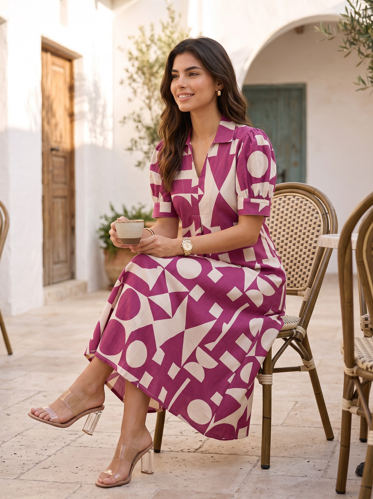 Magenta Cream Bold Geometric Print Collared Puff Sleeve Midi Dress - Standing with black bag and sunglasses