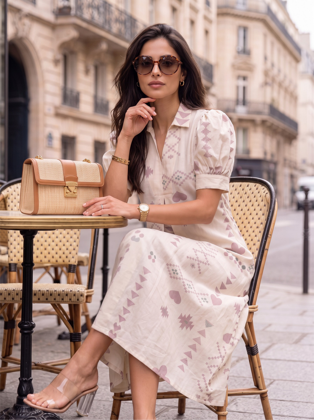 Cream Dusty Rose Aztec Geometric Print Collared Puff Sleeve Midi Dress - Getting into vintage car on Paris street