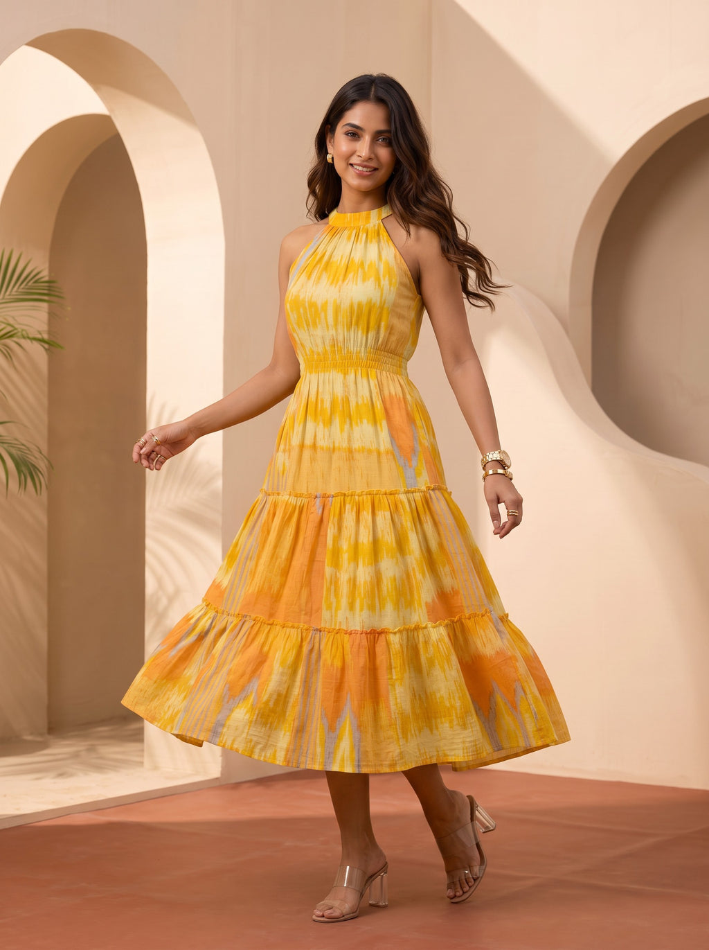 Solara Ikat | Halter Tiered Midi Dress
