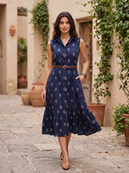 Midnight Grace – Pure Cotton Ikat Printed Midi Dress