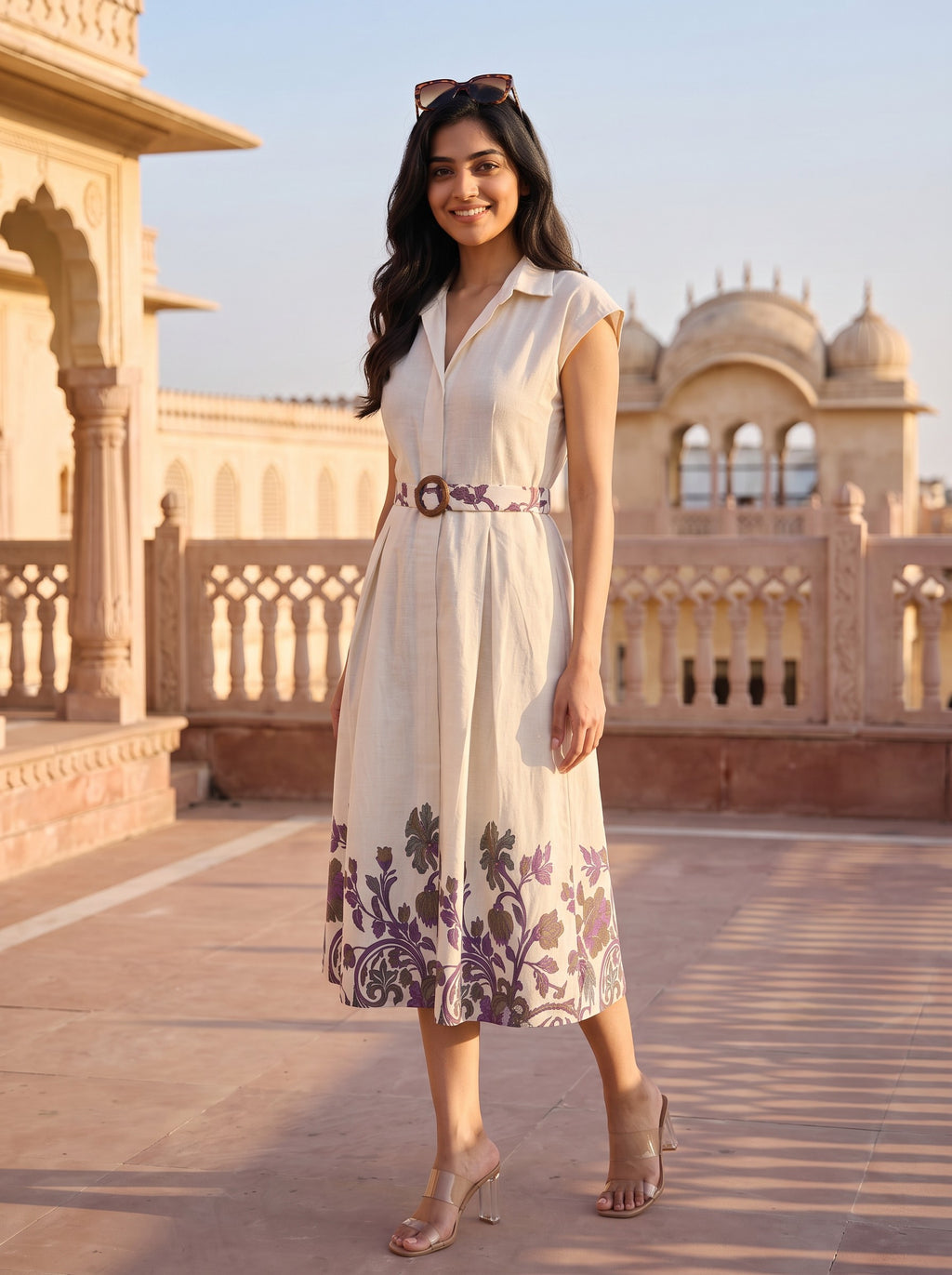 Ivory Mughal Floral Border Belted Midi Dress - Adjusting belt detail
