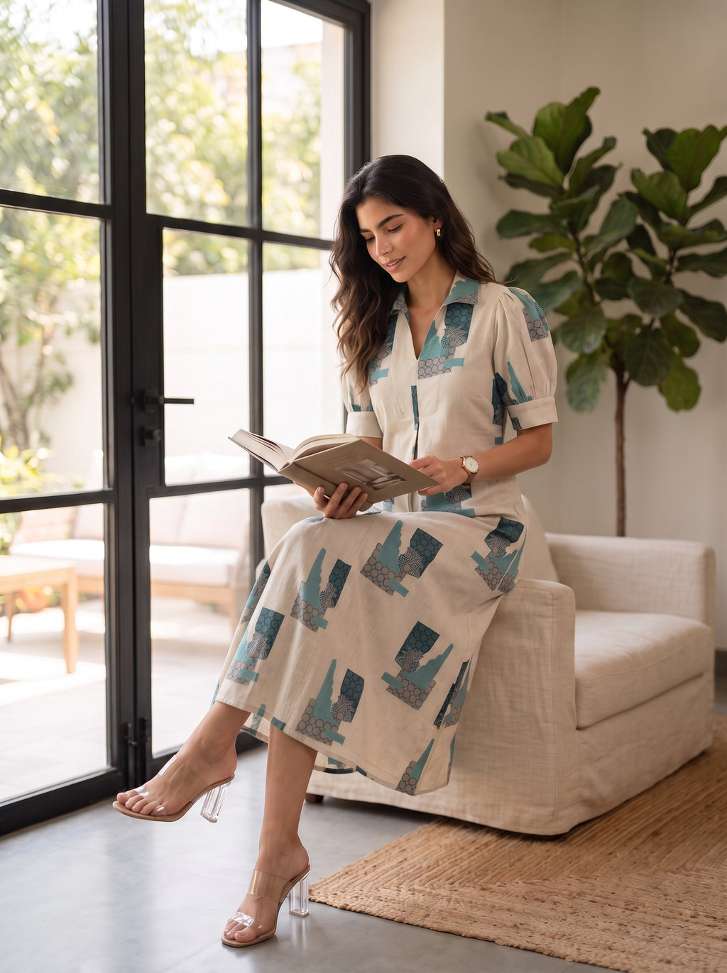 Ivory & Teal Printed Midi Dress