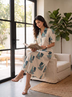 Ivory & Teal Printed Midi Dress