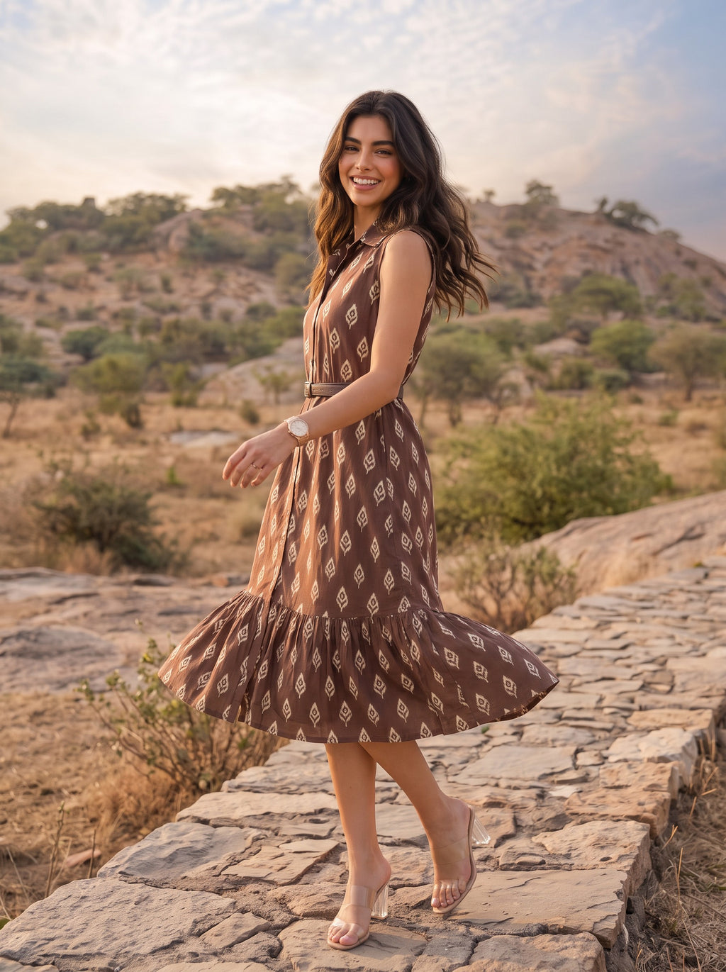 Brown Ikat Print Sleeveless Belted Midi Dress - Standing by jeep