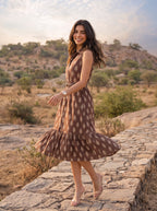 Brown Ikat Print Sleeveless Belted Midi Dress - Standing by jeep