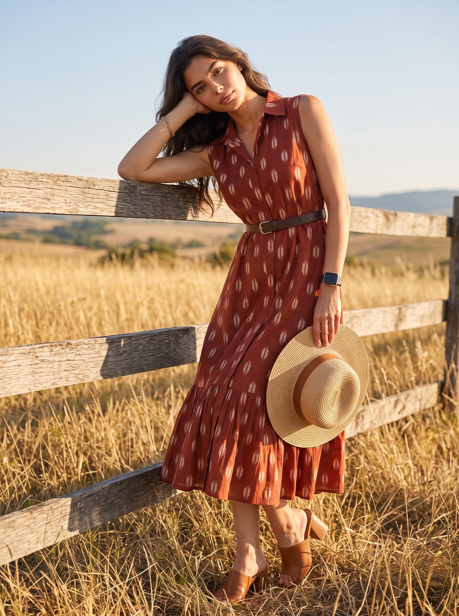 Rustic Ember – Pure Cotton Ikat Printed Midi Dress