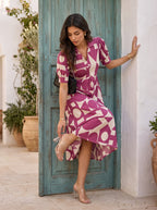 Magenta Cream Bold Geometric Print Collared Puff Sleeve Midi Dress - Back view looking over shoulder with black bag