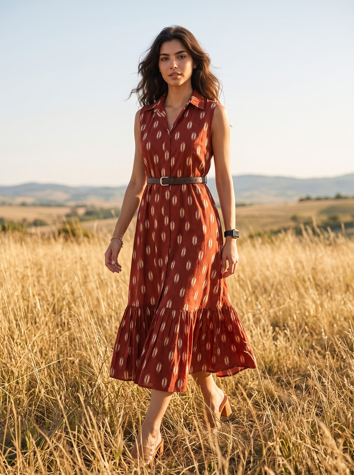 Rust Ikat Oval Print Sleeveless Belted Midi Dress - Seated on hay bale with hat