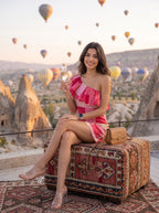 Pink Colorblock One-Shoulder Ruffle Mini Dress - Lounging on kilim rug reading
