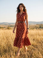 Rustic Ember – Pure Cotton Ikat Printed Midi Dress