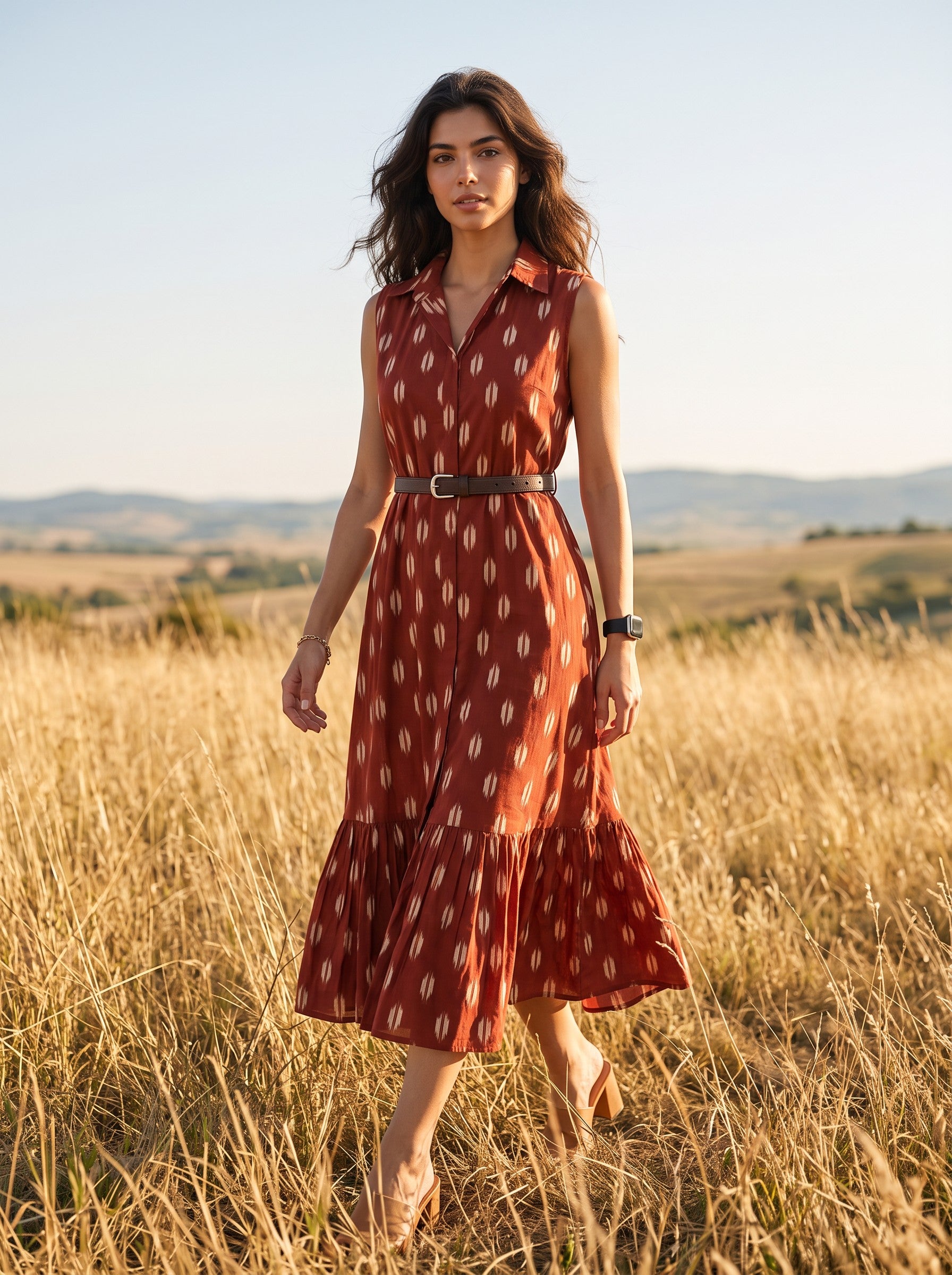 Rustic Ember – Pure Cotton Ikat Printed Midi Dress
